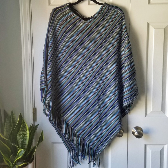 Cejon Striped Blanket Poncho with Fringe - Picture 2 of 5